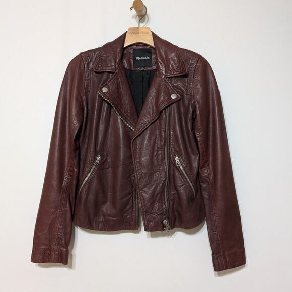 Madewell Washed Leather Motorcycle Jacket Size XS Cabernet Wine Preowned - Picture 3 of 14